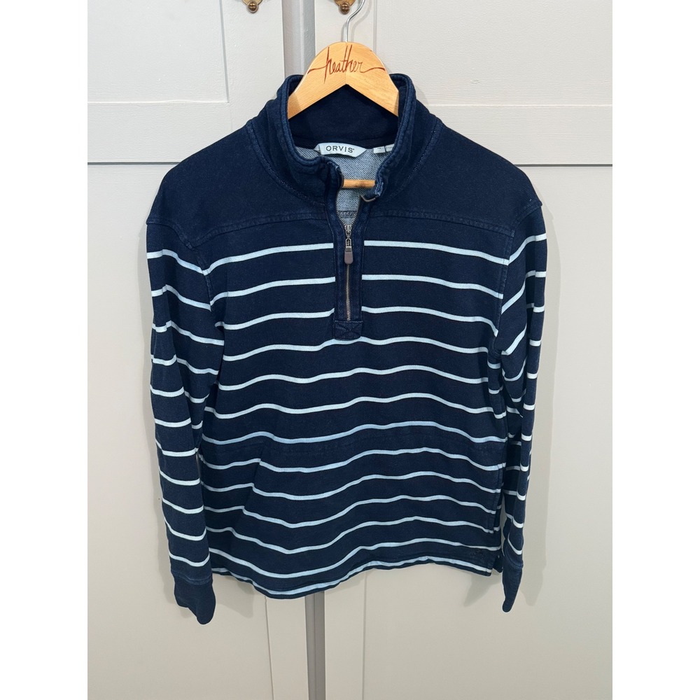 Quarter zip  Womens orivis Navy Blue Striped Cotton French Terry Pullover